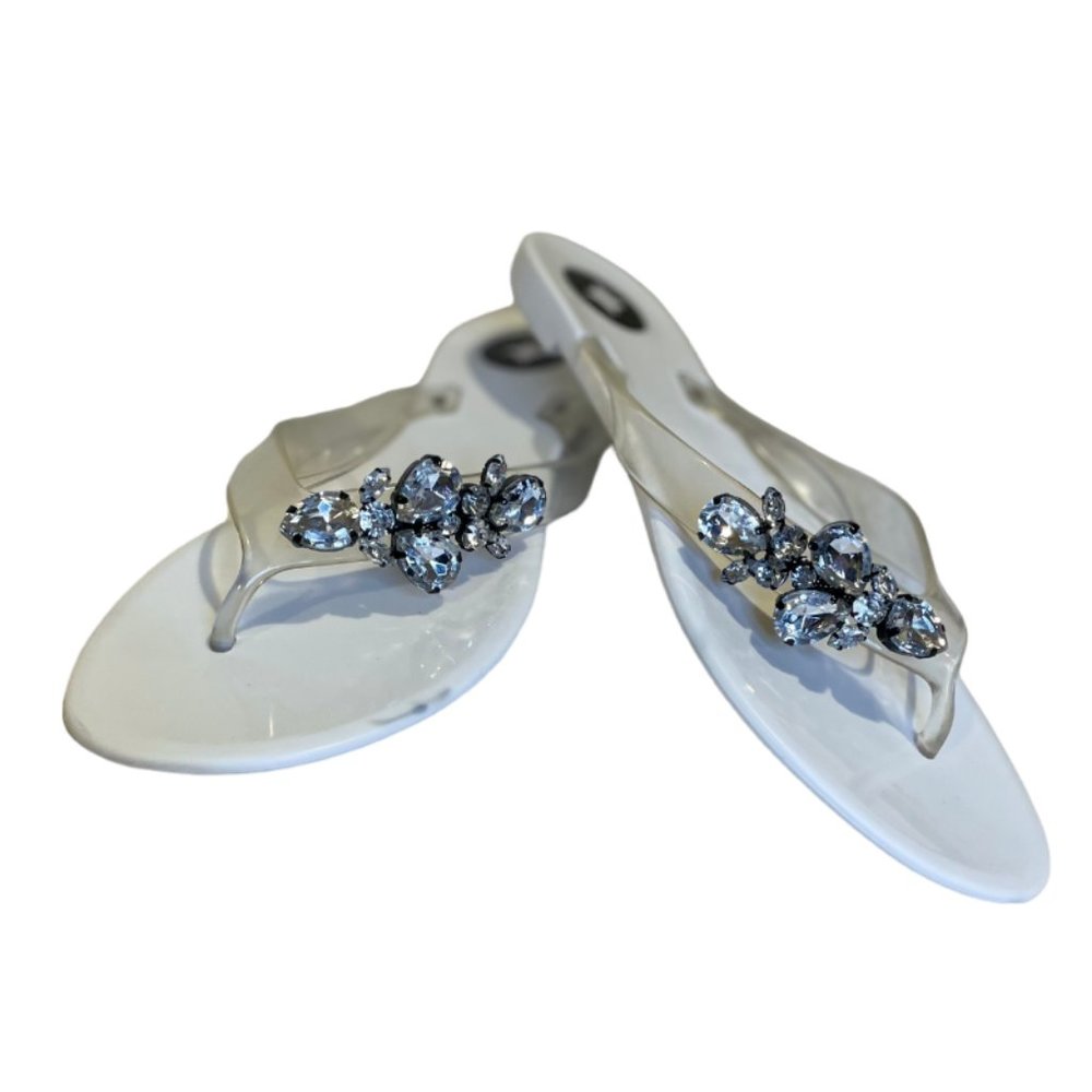 BCBG Women's White Thong Flip Flop with Faux Jewels, Size 6